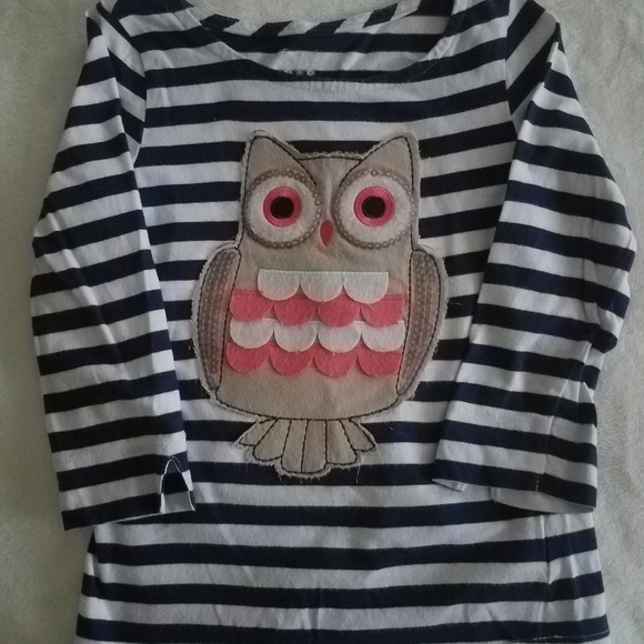 Girl's Owl Fabric Applique 3/4 Sleeve Striped Top - Picture 1 of 1